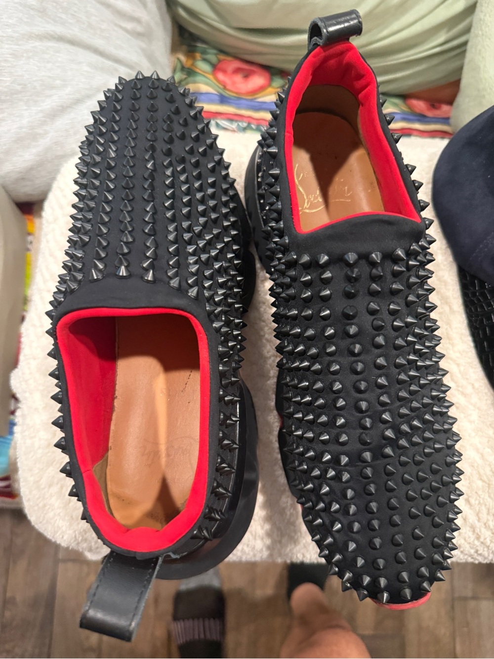Christian Louboutin Black Spiked Slip-On Loafers with Red Lining